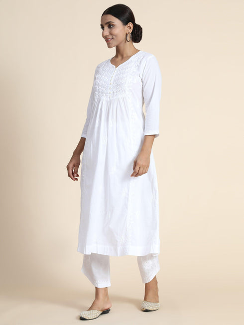 Anjana in Hand Embroidery Chikankari Long Kurti for Women in White